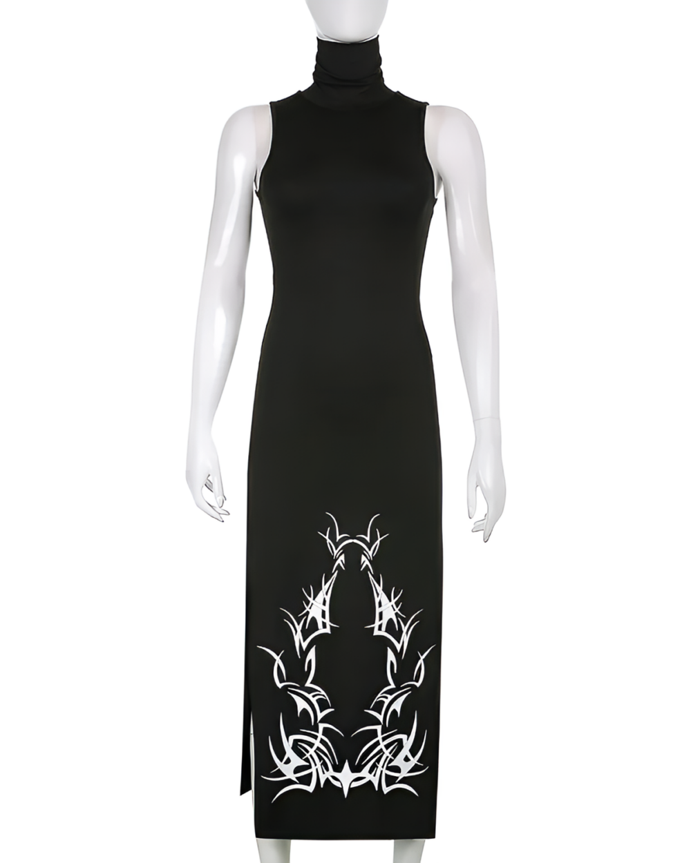 Black Dark Turtleneck Goth Dress with white tribal embroidery detailing.
