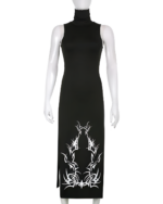 Black Dark Turtleneck Goth Dress with white tribal embroidery detailing.