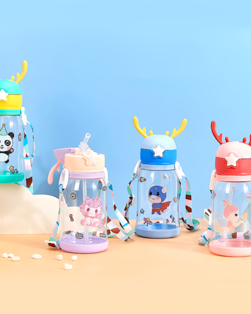 Set of colorful deer antler water bottles with straw and handle.