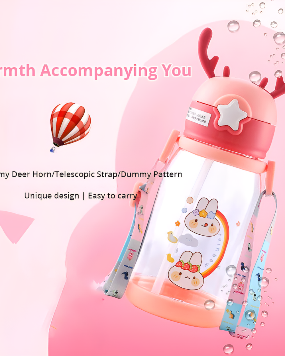 Pink deer antler water bottle with rainbow and cartoon design, telescopic strap included.