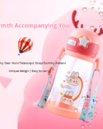 Pink deer antler water bottle with rainbow and cartoon design, telescopic strap included.