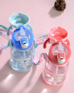 Set of colorful deer antler water bottles with straws and carrying handles.
