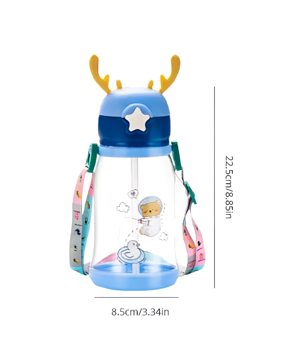 Blue deer antler water bottle with cartoon design and measurement details.