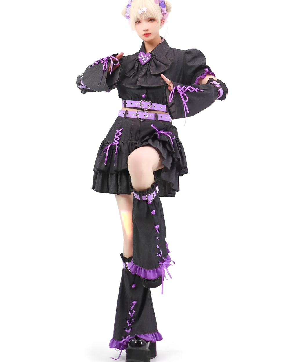 Model wearing the Denim Bittersweet Heart-Buckle Coord, a Y2K matching set with a black ruffled skirt and cropped jacket.