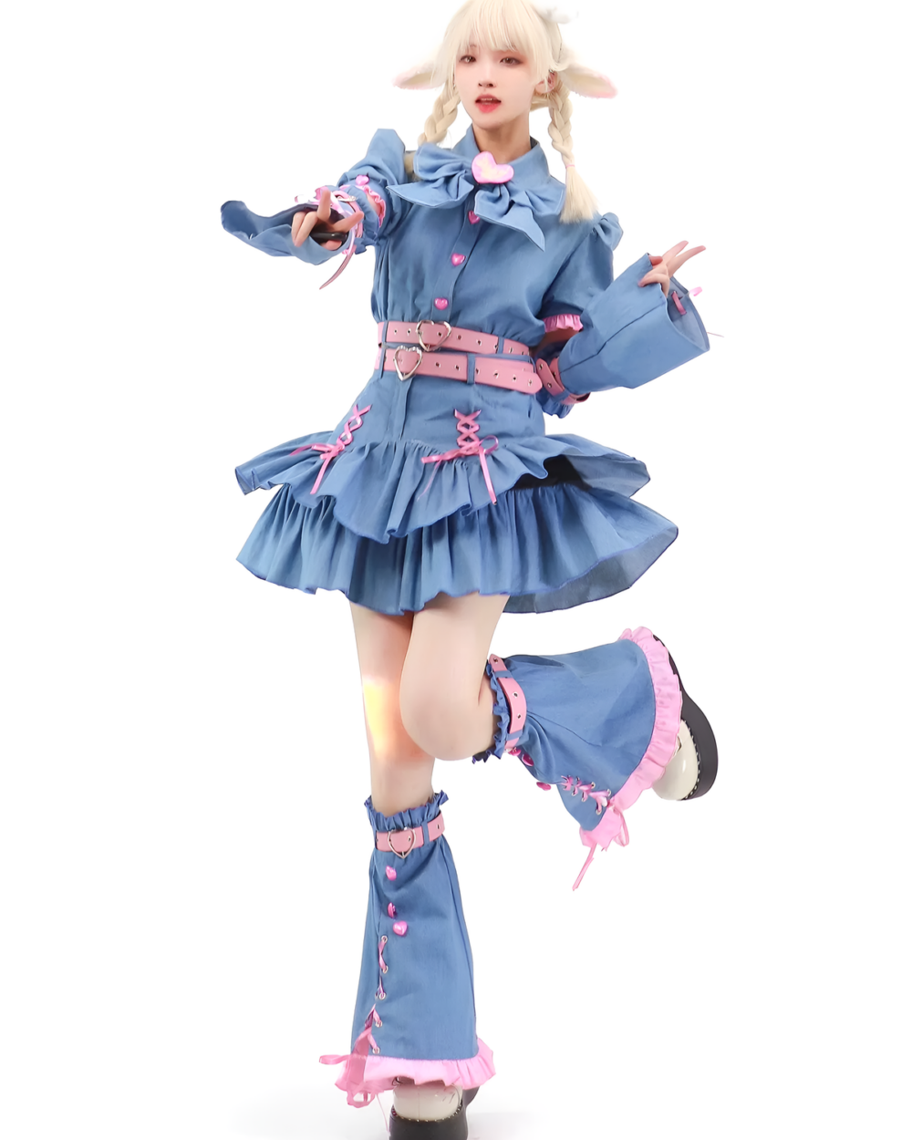 Model wearing a blue Denim Bittersweet Heart-Buckle Coord Y2K matching set with pink accents and heart-shaped buckles.