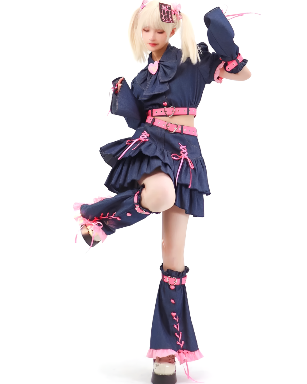 Model wearing the Denim Bittersweet Heart-Buckle Coord, a Y2K matching set with a heart-buckle design and denim fabric.