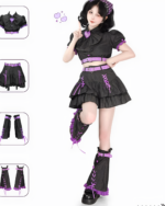 Y2K matching set featuring a black crop top, mini skirt, and leg warmers with purple lace details. Includes heart-buckle design.