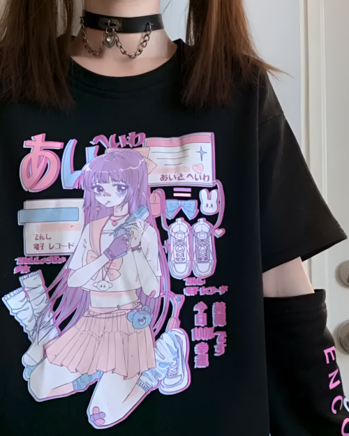 Detachable sleeves t-shirt featuring an Animecore design with a girl, train, and Japanese text.