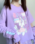 Purple detachable sleeves t-shirt featuring anime-style design with a cute girl character and Japanese text.