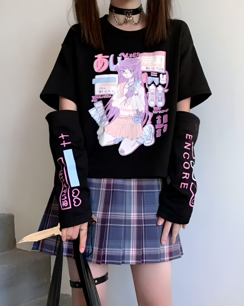 Black detachable sleeves t-shirt with anime graphic and detachable sleeve accents, Animecore style.