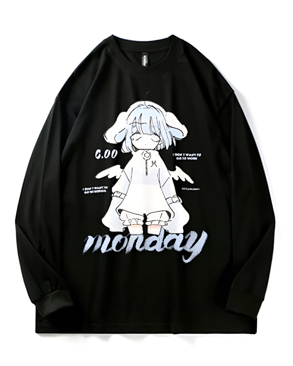 Black long-sleeve tee featuring a Drowsy Cherub Graphic Tee design with a cartoon angel and text.