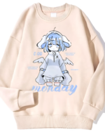 Beige sweatshirt featuring a graphic of a cherub with the text "Drowsy Cherub Graphic Tee". It says "Monday" and "I don't want to go to school".