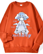 Orange sweatshirt with a Drowsy Cherub Graphic Tee design featuring a cartoon angel and text.