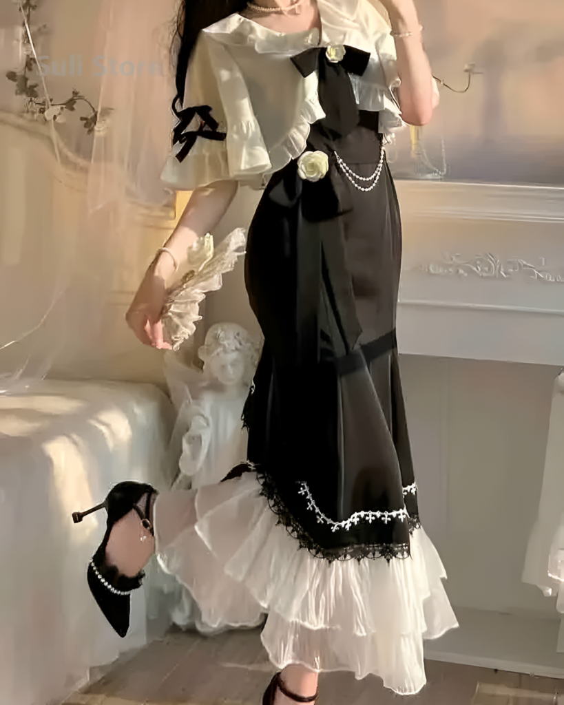 Black and white fairy midi dress with ruffles and lace trim, featuring a gothic aesthetic.