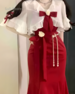 Fairy Midi Dress - Romantic Goth Aesthetic featuring a white blouse with ruffles and a red skirt with a bow belt.