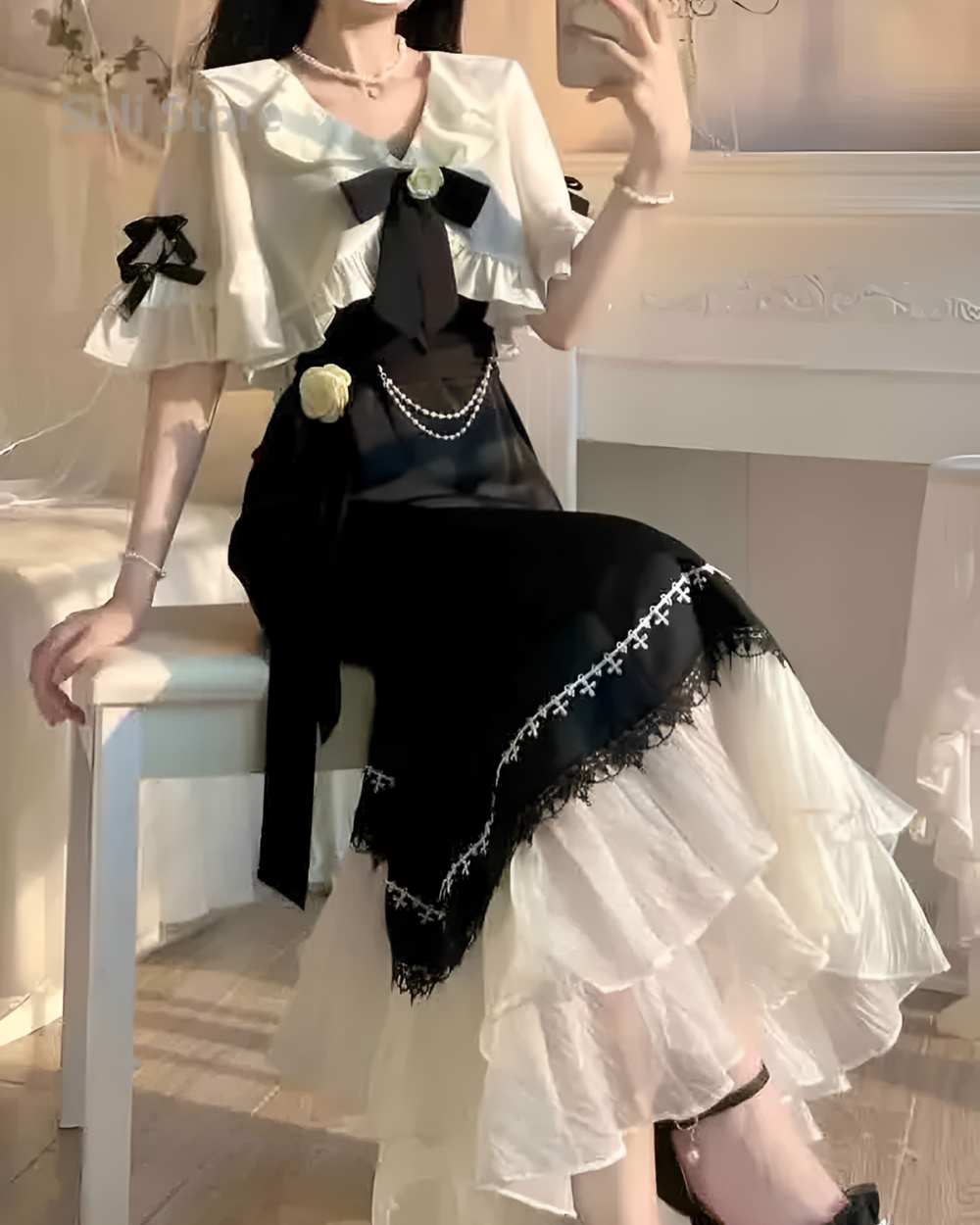 White and black fairy midi dress with lace and ruffles, romantic goth aesthetic.