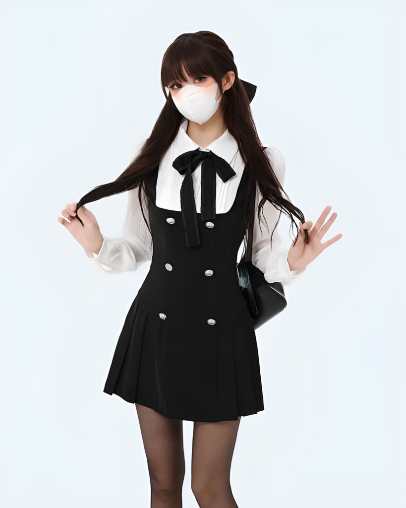 Black fake two-piece dress with a bib front and pleated skirt, styled with tights and a mask.