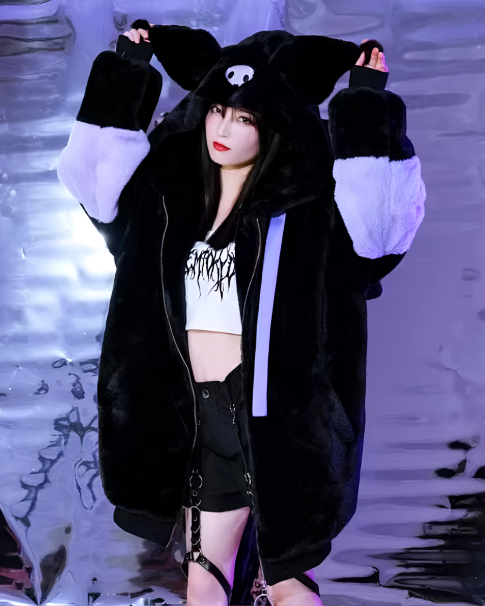Black Kuromicore aesthetic faux fur hooded coat with white accents and skull graphic.