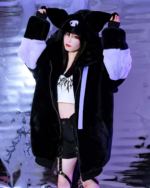 Black Kuromicore aesthetic faux fur hooded coat with white accents and skull graphic.