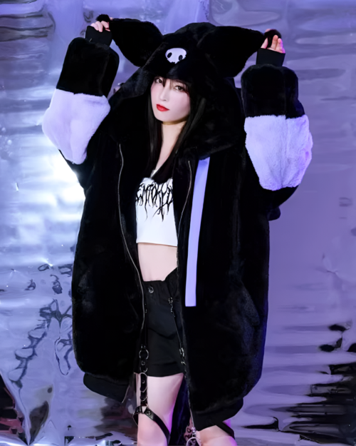 Black Kuromicore aesthetic faux fur hooded coat with white accents and skull graphic.