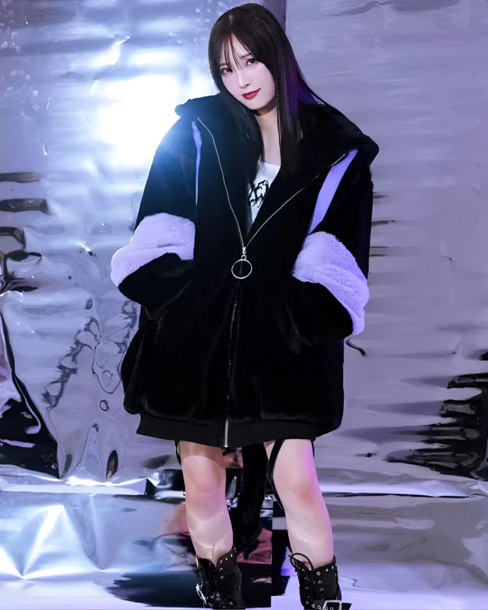 Black Faux Fur Hooded Coat, Kuromicore aesthetic, featuring a model and layered outfit.