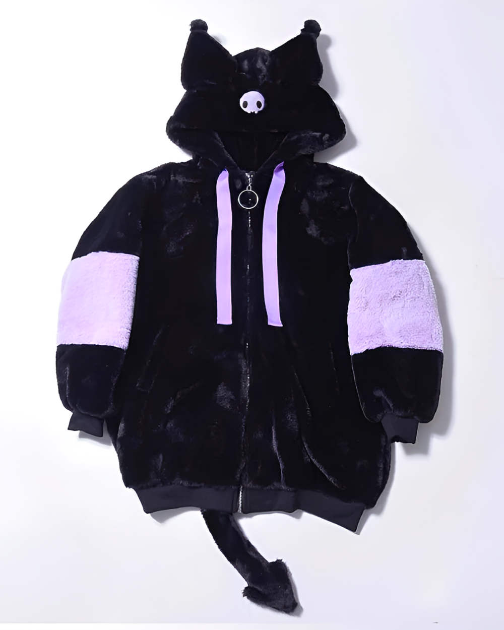 Black Kuromicore aesthetic hooded coat with purple accents, zipper, and tail.