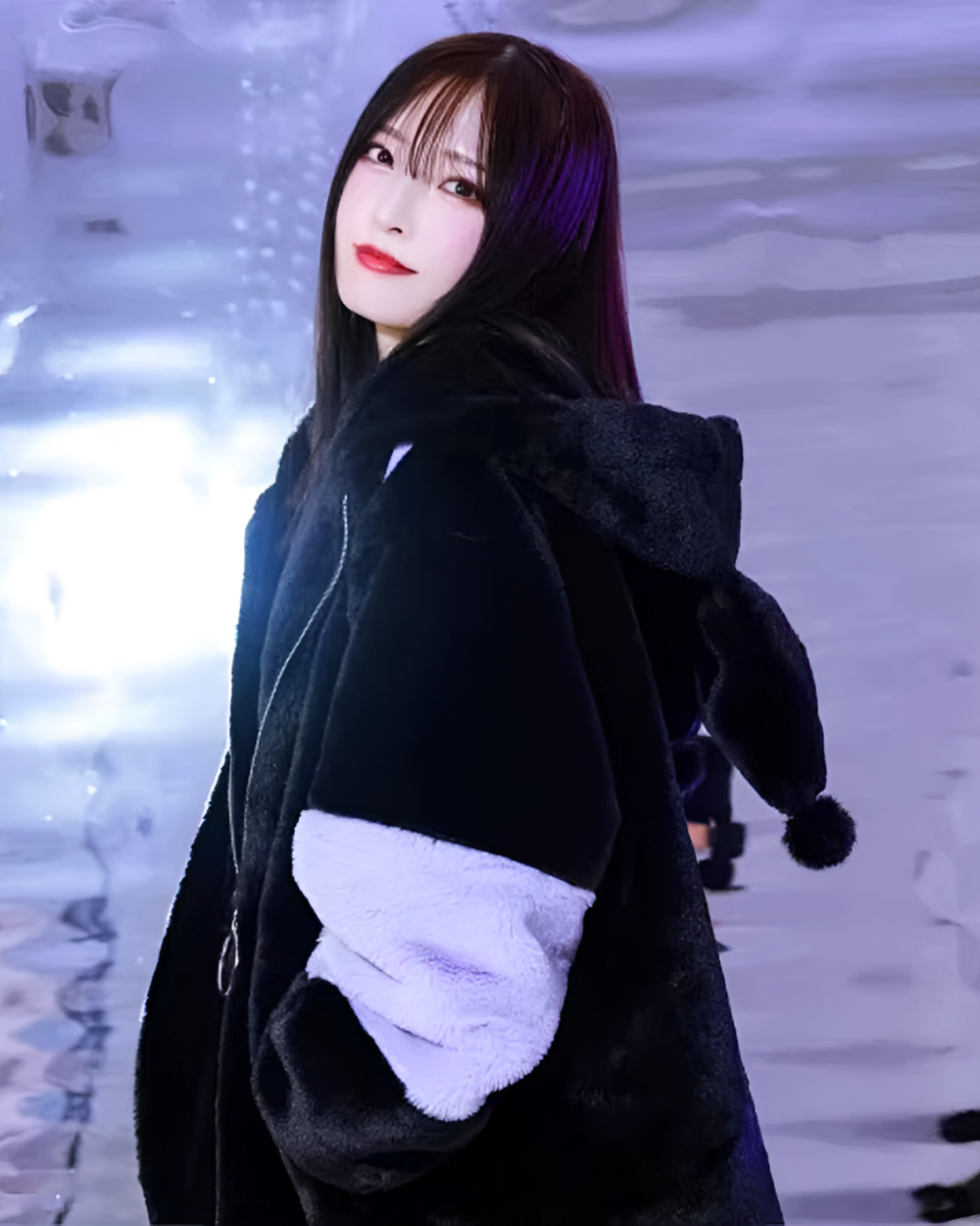 Black faux fur hooded coat with a Kuromicore aesthetic, featuring a fluffy lining and oversized hood.