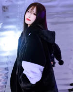 Black faux fur hooded coat with a Kuromicore aesthetic, featuring a fluffy lining and oversized hood.