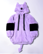 Faux Fur Hooded Coat Kuromicore aesthetic, purple fluffy zip-up jacket with black accents and hood.