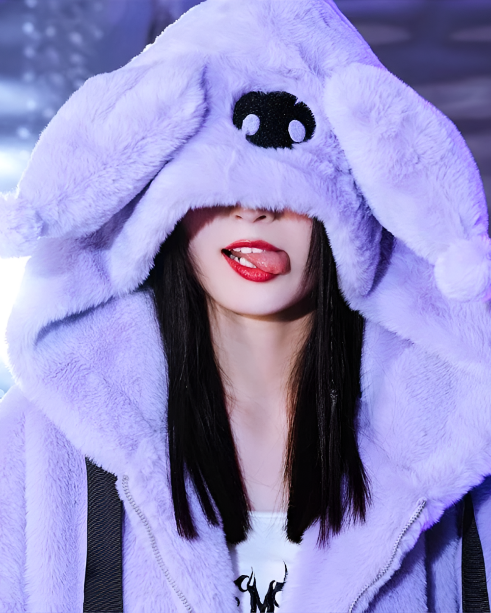 Faux Fur Hooded Coat - Kuromicore aesthetic featuring a plush, bunny-like hood with a face.