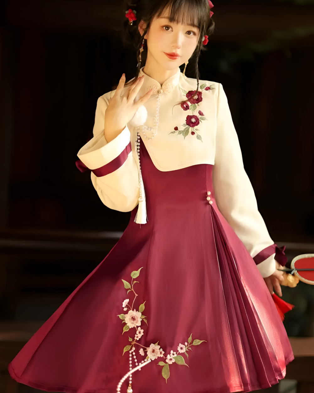 A burgundy and cream Flowery Wine Dress - Qi Lolita Aesthetic, featuring floral embroidery and a frilled skirt.