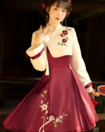 A burgundy and cream Flowery Wine Dress - Qi Lolita Aesthetic, featuring floral embroidery and a frilled skirt.
