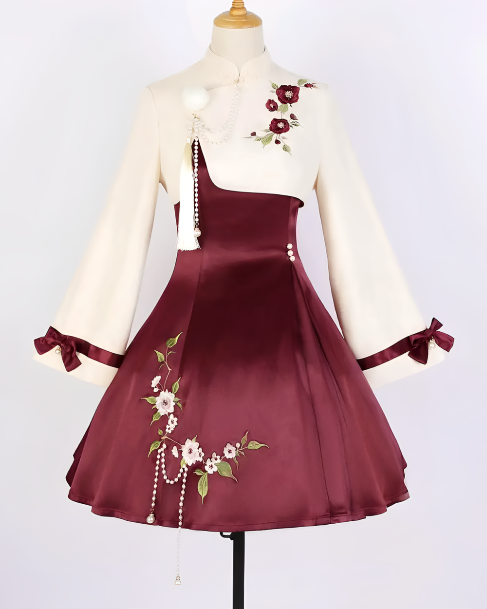 Qi Lolita dress featuring a wine-colored satin bodice with floral embroidery and pearl accents.