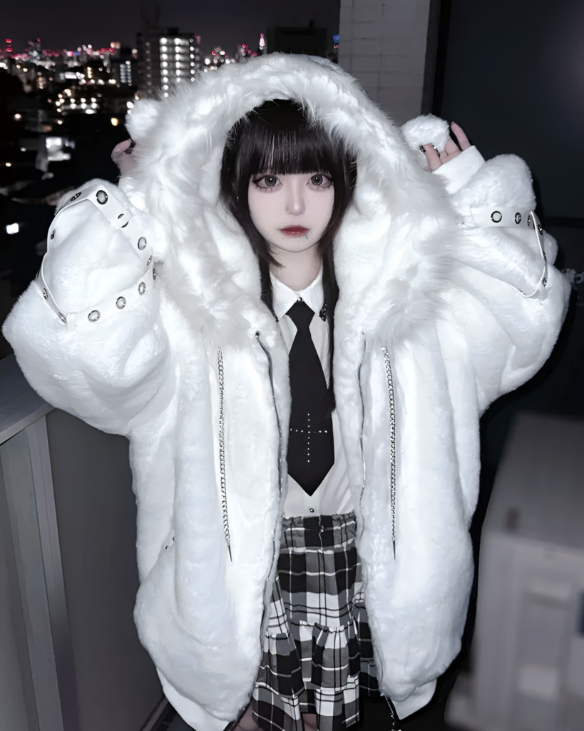 Woman modeling a white Fluffy Bear Grommet Hoodie by Sabukaru Kei, featuring a bear ear design. View the Sabukaru Kei hoodie.