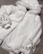 White Fluffy Bear Grommet Hoodie by Sabukaru Kei with chain and buckle details. This Sabukaru Kei hoodie features a plush, furry design.