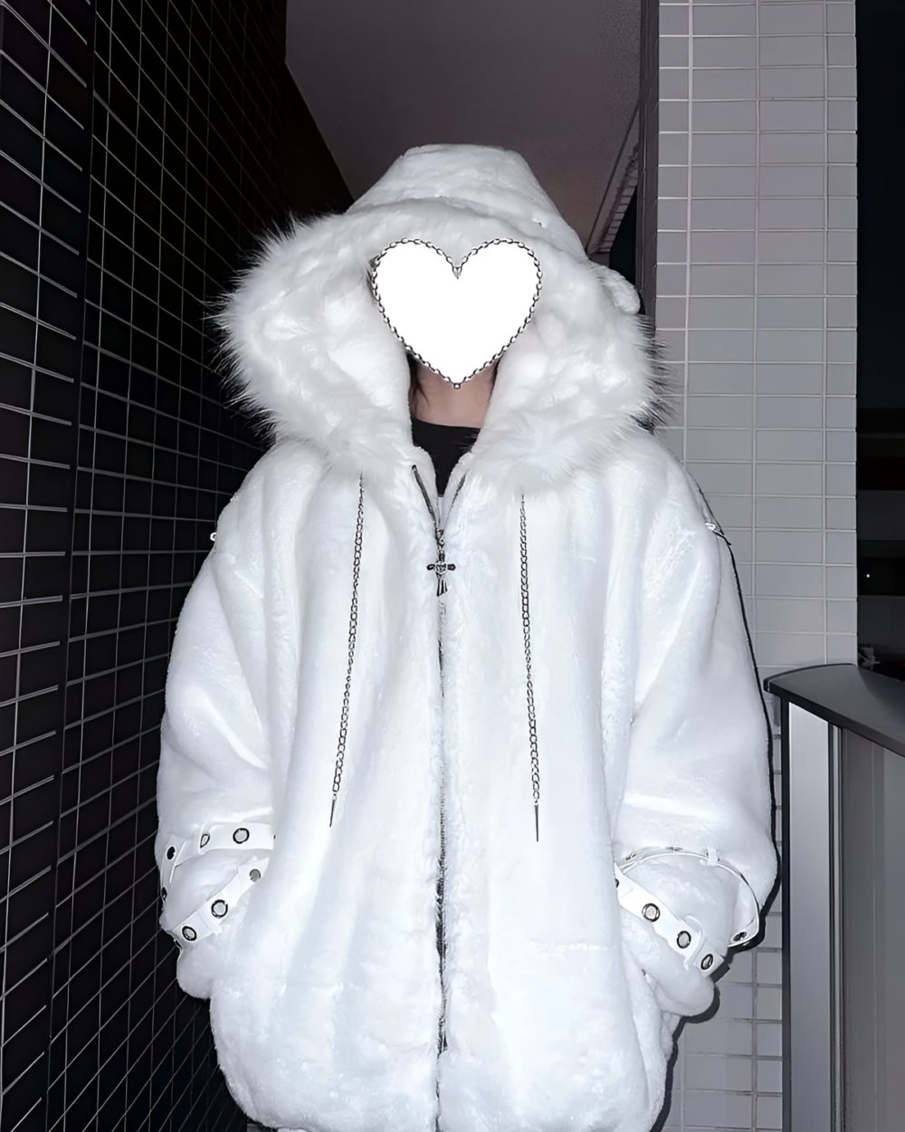 White Fluffy Bear Grommet Hoodie by Sabukaru Kei. A cozy, oversized hoodie with a fluffy faux fur hood and grommet details.