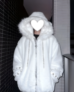 White Fluffy Bear Grommet Hoodie by Sabukaru Kei. A cozy, oversized hoodie with a fluffy faux fur hood and grommet details.