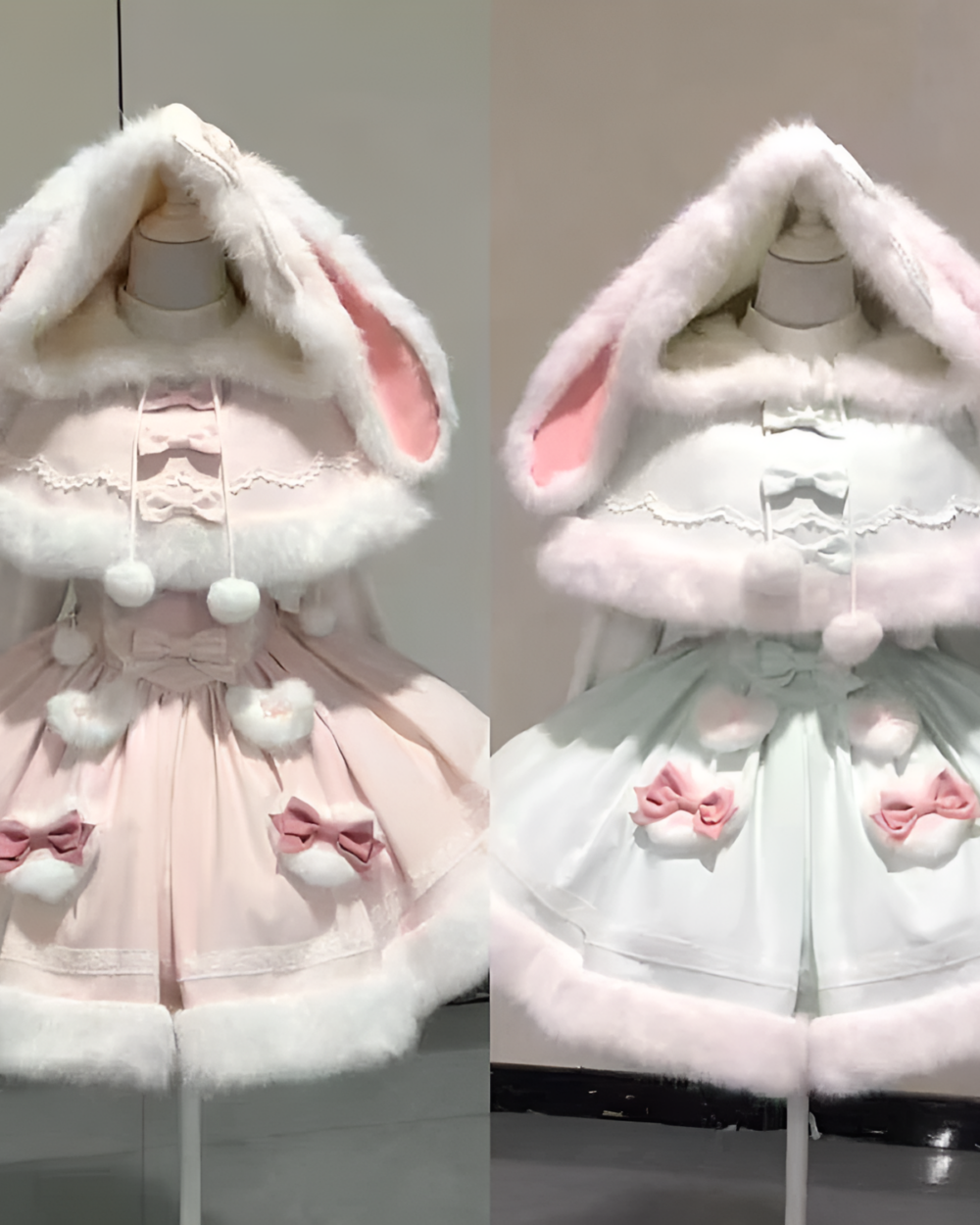 Two views of a Fluffy Bunny Dress - Sweet Lolita Aesthetic bunnycore dress, featuring a hooded cape and layered skirt.