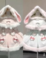 Two views of a Fluffy Bunny Dress - Sweet Lolita Aesthetic bunnycore dress, featuring a hooded cape and layered skirt.