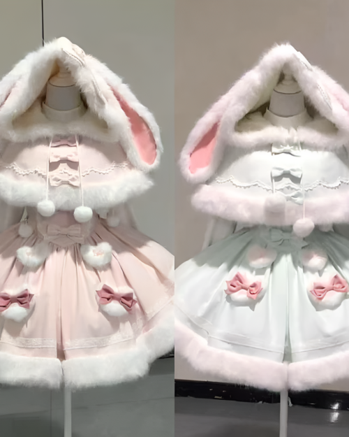Two views of a Fluffy Bunny Dress - Sweet Lolita Aesthetic bunnycore dress, featuring a hooded cape and layered skirt.