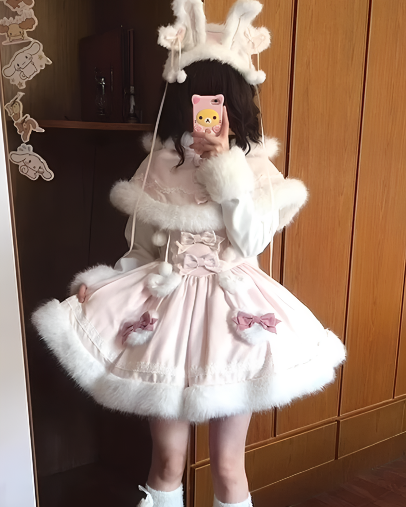 A person wearing a pink bunnycore dress with a fluffy white coat and accessories.