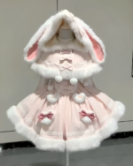 Fluffy Bunny Dress - Sweet Lolita Aesthetic, pink bunnycore dress with hood and ruffles.