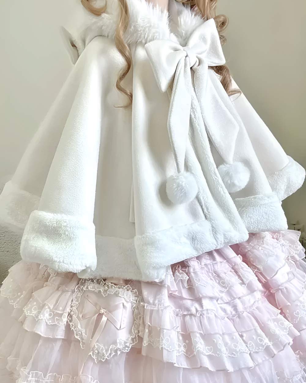 White Fluffy Bunny Hooded Cloak with faux fur trim and bow.
