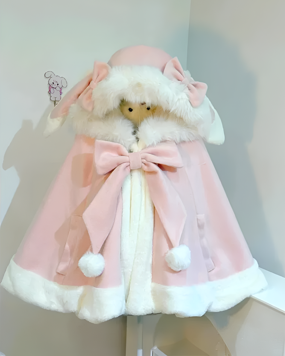 Pink Fluffy Bunny Hooded Cloak with faux fur trim and bow.