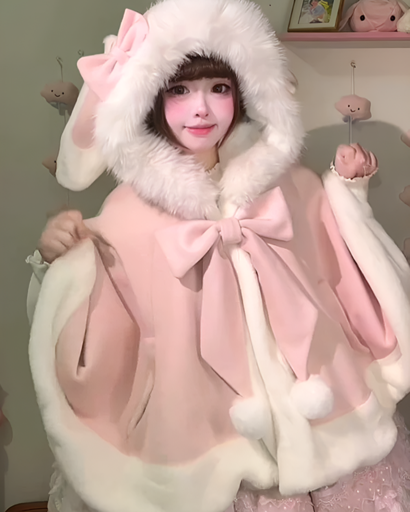 Pink Fluffy Bunny Hooded Cloak worn by a model, featuring a faux fur trim and bow.
