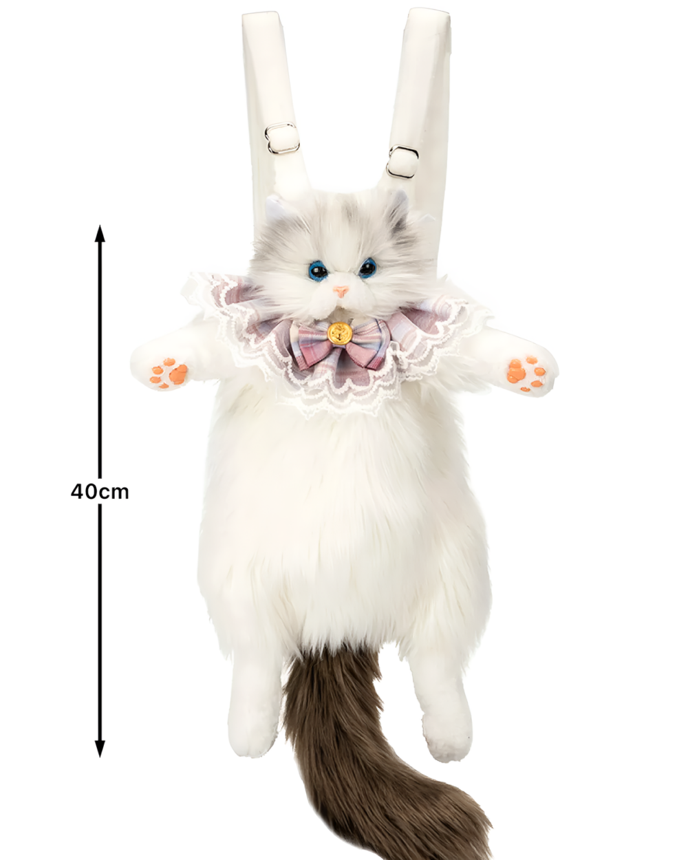 Cute cat backpack featuring a plush white cat with bow tie and paw pads. Measures 40cm.