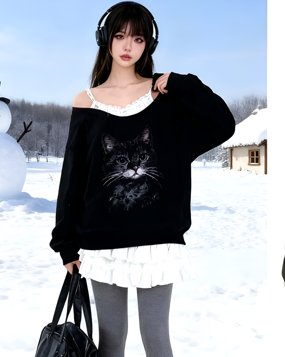 Woman wearing Fluffy Mary Jane slippers, a black sweatshirt, and gray leggings against a snowy background.