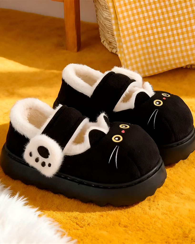 Black Fluffy Mary Jane slippers with cat face details and a cushioned sole.