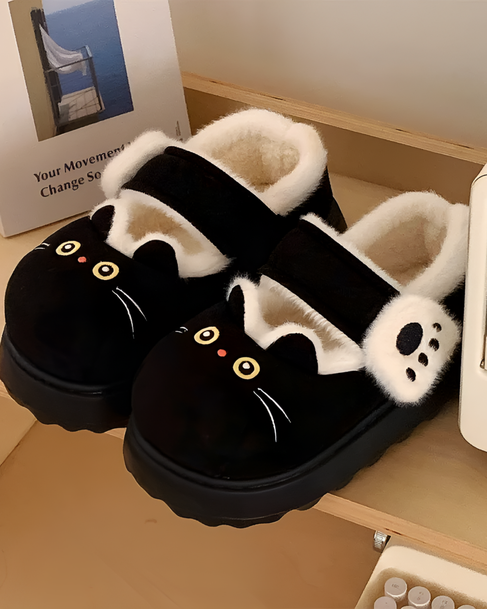 Black Fluffy Mary Jane slippers featuring a cat face design and faux fur trim.