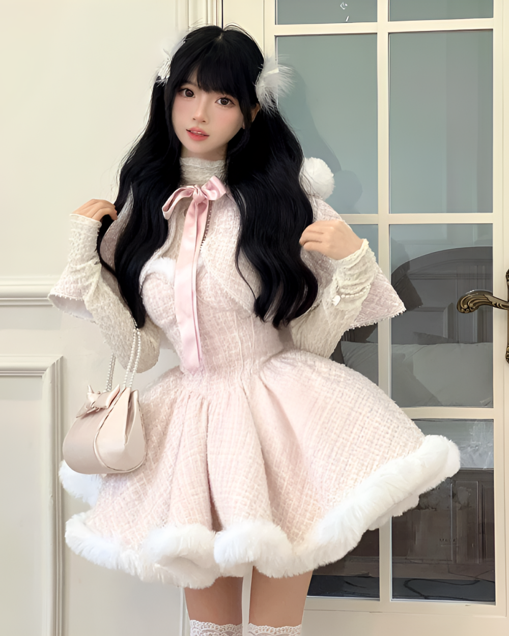 Model wearing a pink sweet lolita dress with fur trim and headband, presenting a winter aesthetic.